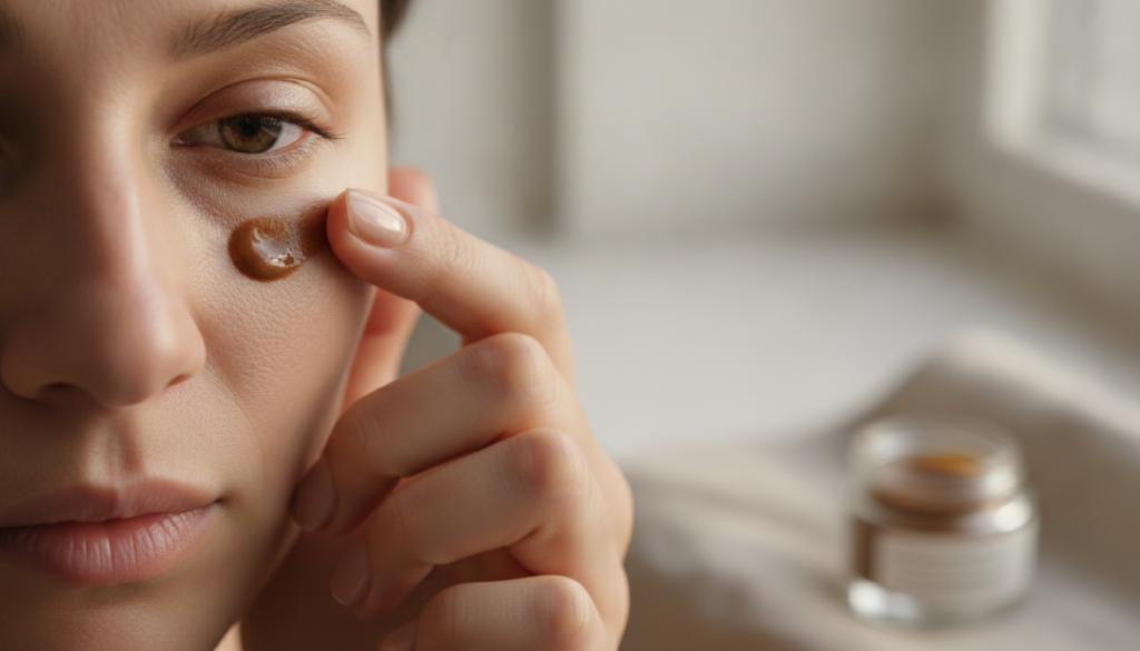 A person s hand gently applying a small amount of the coffee botox balm to their face specifically near the eye area or 