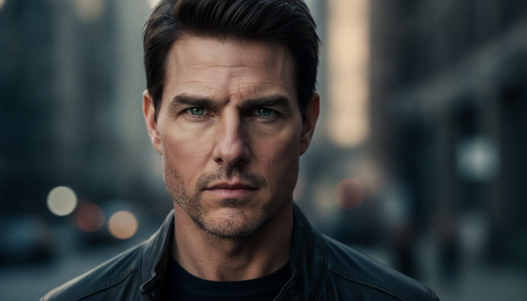 Tom Cruise looking intensely at the camera showcasing his piercing gaze and distinctive dark brows possibly from a film 