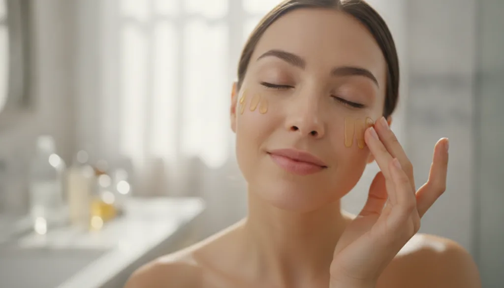 A woman gently massaging a few drops of Botox Oil onto her clean face with a soft glowing complexion Her hand is applyin