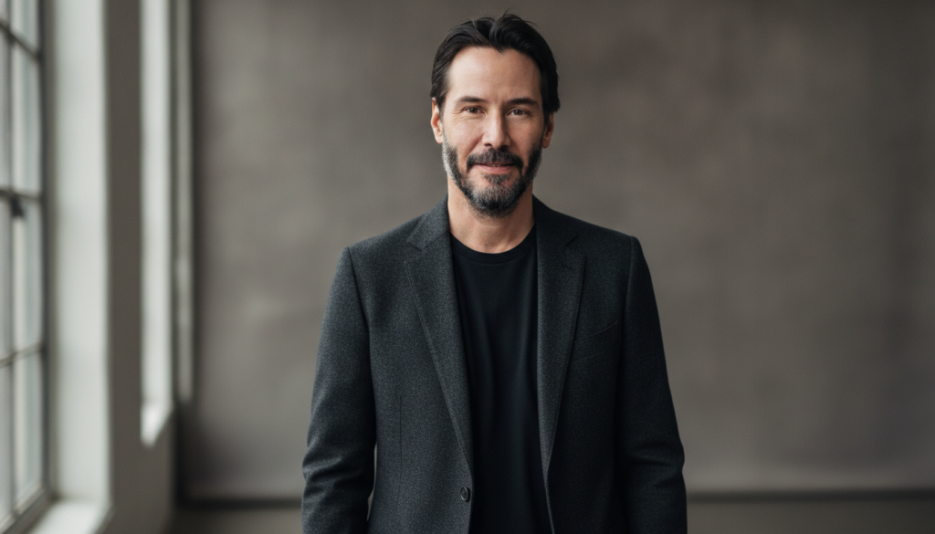 A full portrait of Keanu Reeves smiling gently showcasing his distinctive eyes and humble demeanor