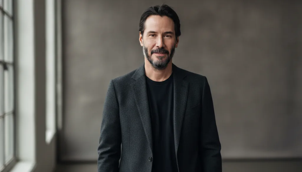 A full portrait of Keanu Reeves smiling gently showcasing his distinctive eyes and humble demeanor