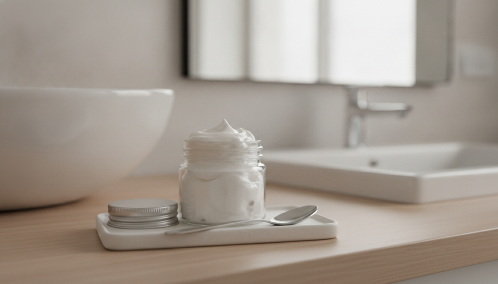 A small clear jar containing the mixed Vaseline and baking soda balm with a spoon resting beside it on a clean bathroom