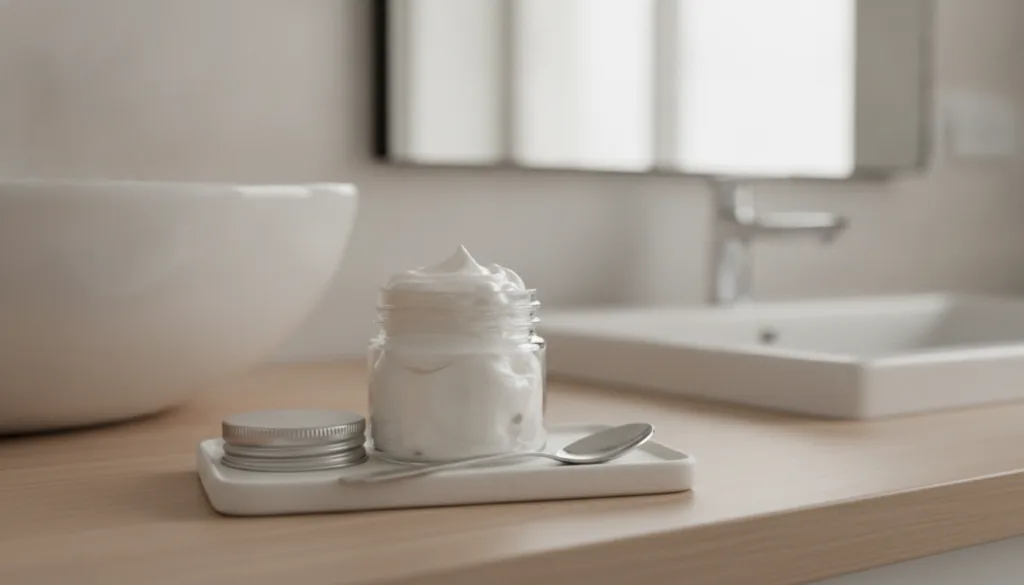 A small clear jar containing the mixed Vaseline and baking soda balm with a spoon resting beside it on a clean bathroom 