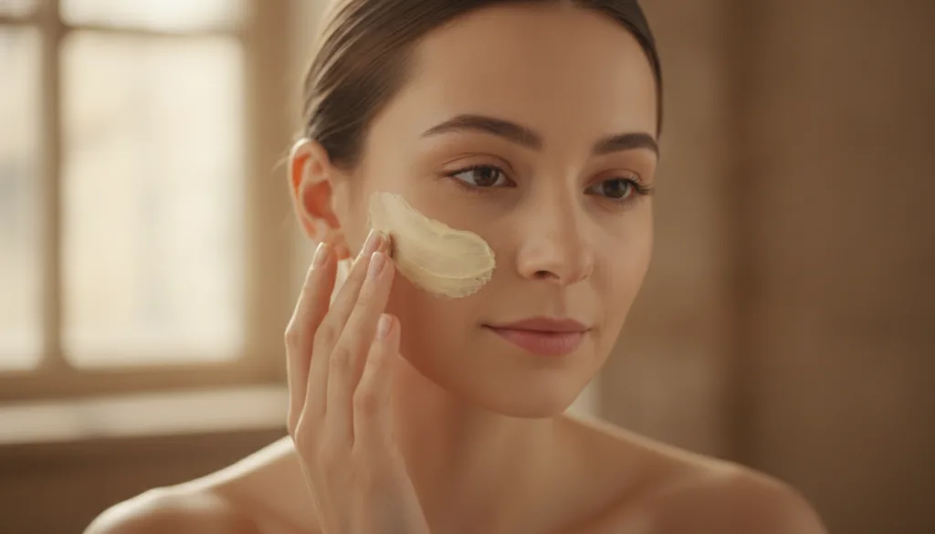 A woman with a serene expression applying a light yellow creamy face mask to her cheek demonstrating gentle application 
