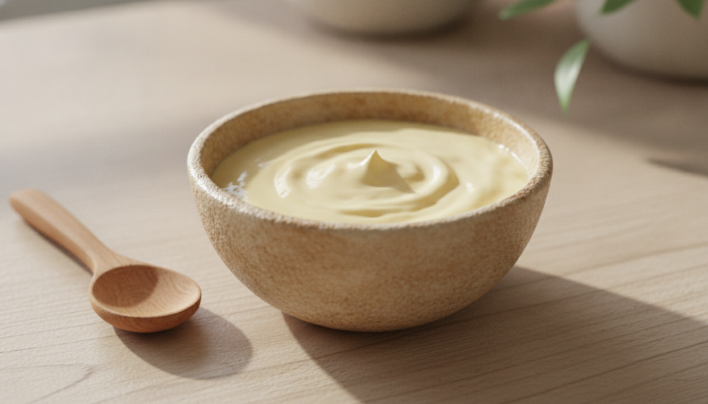 A close-up shot of a smooth creamy light yellow face mask mixture in a small rustic ceramic bowl with a wooden spoon res
