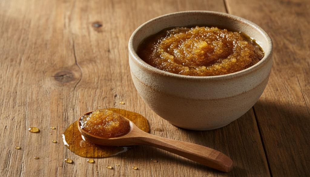 A close-up shot of a small bowl containing a homemade sugar and olive oil scrub with a wooden spoon resting beside it se