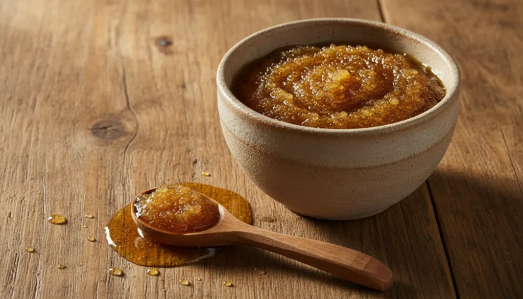 A close-up shot of a small bowl containing a homemade sugar and olive oil scrub with a wooden spoon resting beside it se