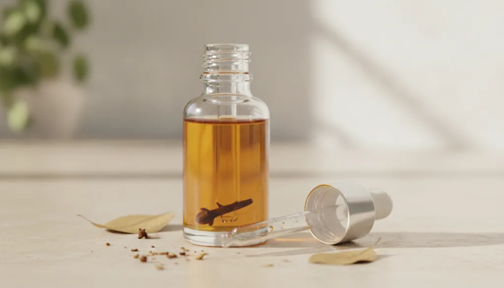 A small clean dropper bottle filled with the freshly made DIY Age-Reverse Oil showing a slightly yellow tint from turmer