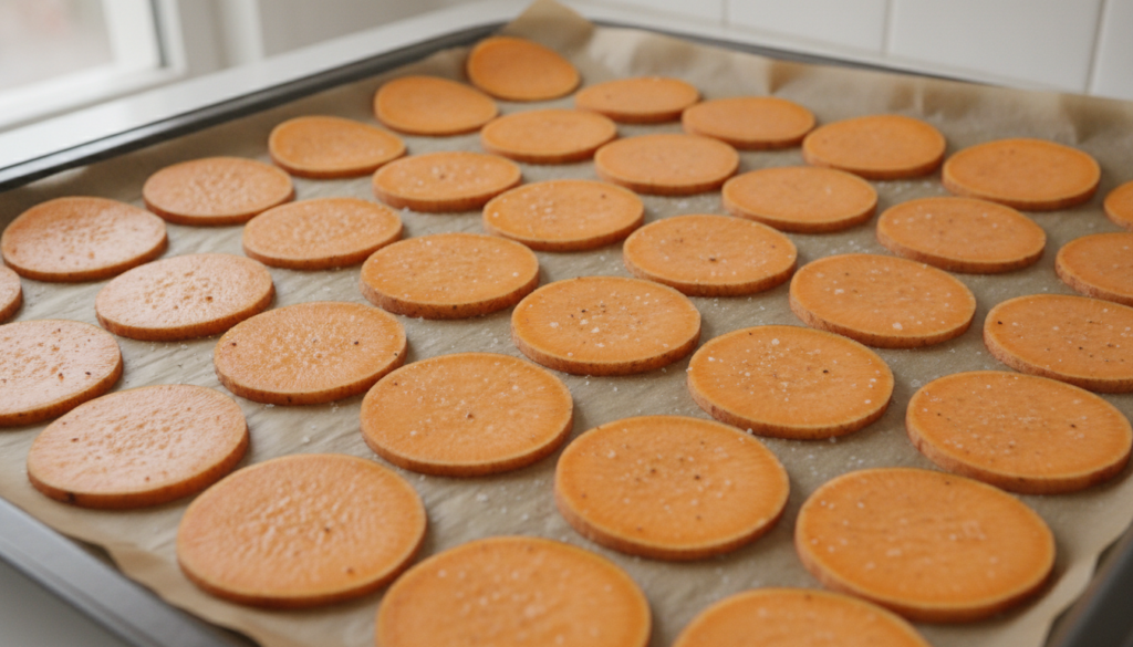 A close-up of thinly sliced raw sweet potato rounds being placed onto a parchment-lined baking sheet showing the prepara