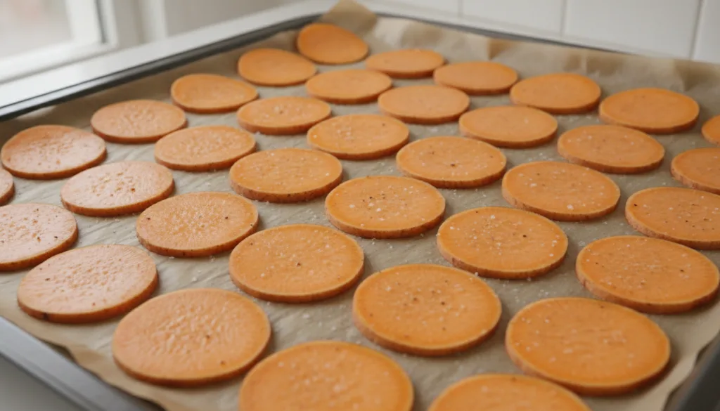 A close-up of thinly sliced raw sweet potato rounds being placed onto a parchment-lined baking sheet showing the prepara