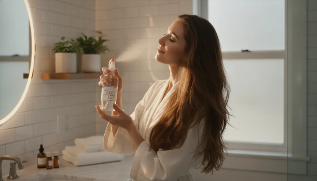 A woman gently spraying a homemade hair rinse onto her scalp and hair in a bathroom with a relaxed and happy expression