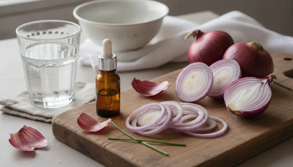 Whole and sliced red onions on a wooden cutting board with a glass of water and a small bottle of essential oil next to