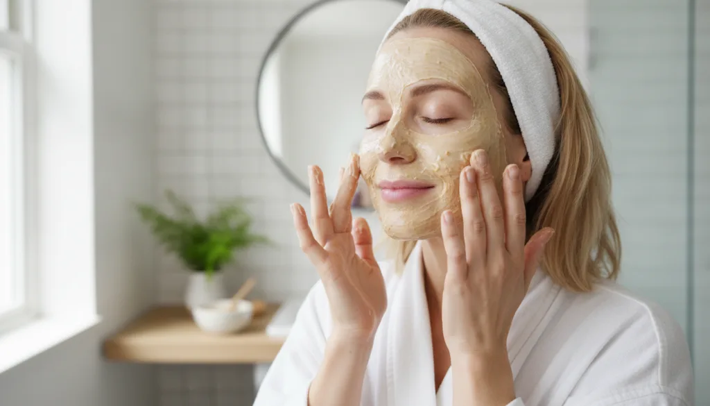 A woman gently applying the oatmeal and honey mask to her face with a serene expression
