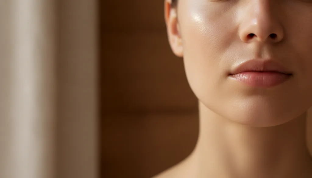 A close-up of a woman s glowing smooth skin after using a face mask showing a healthy complexion