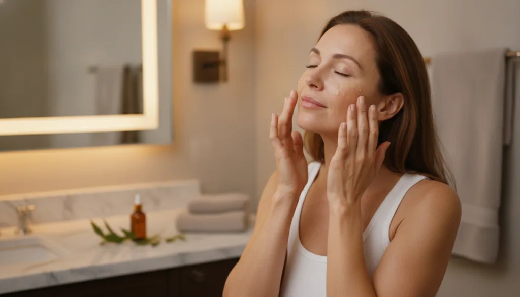 A woman gently massaging a natural serum onto her face before bedtime with soft warm lighting