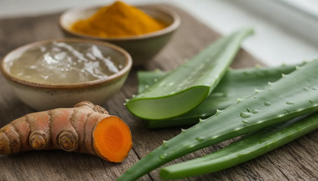 Close-up of fresh aloe vera leaves and turmeric root with small bowls of turmeric powder and aloe vera gel in the backgr