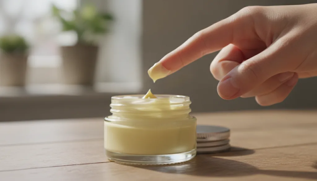 A small glass jar filled with a creamy pale yellow homemade face mask A finger is gently scooping a small amount of the 