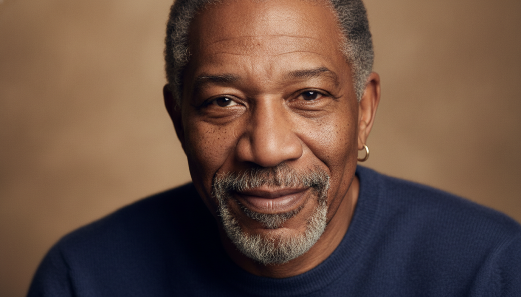 A full portrait of Morgan Freeman smiling warmly showcasing his full face signature freckles salt-and-pepper goatee and 