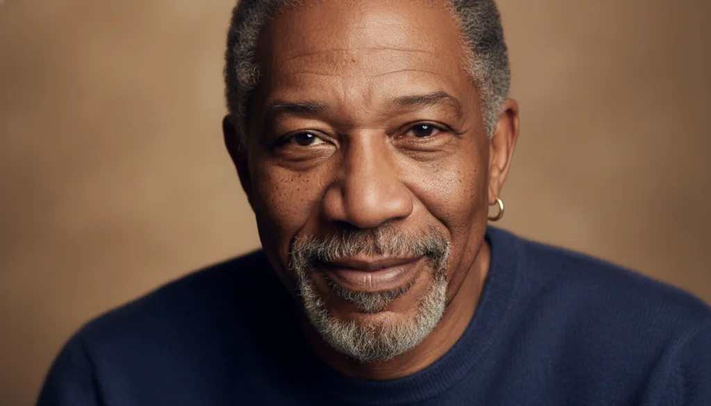 A full portrait of Morgan Freeman smiling warmly showcasing his full face signature freckles salt-and-pepper goatee and 