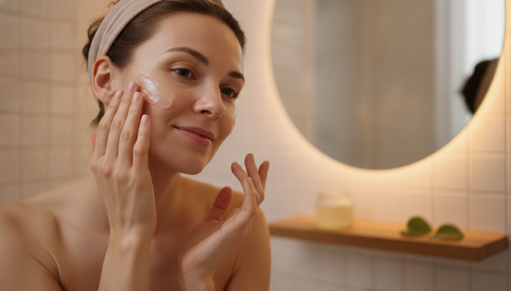 A woman gently applying a clear gel to her face as part of her nightly skincare routine