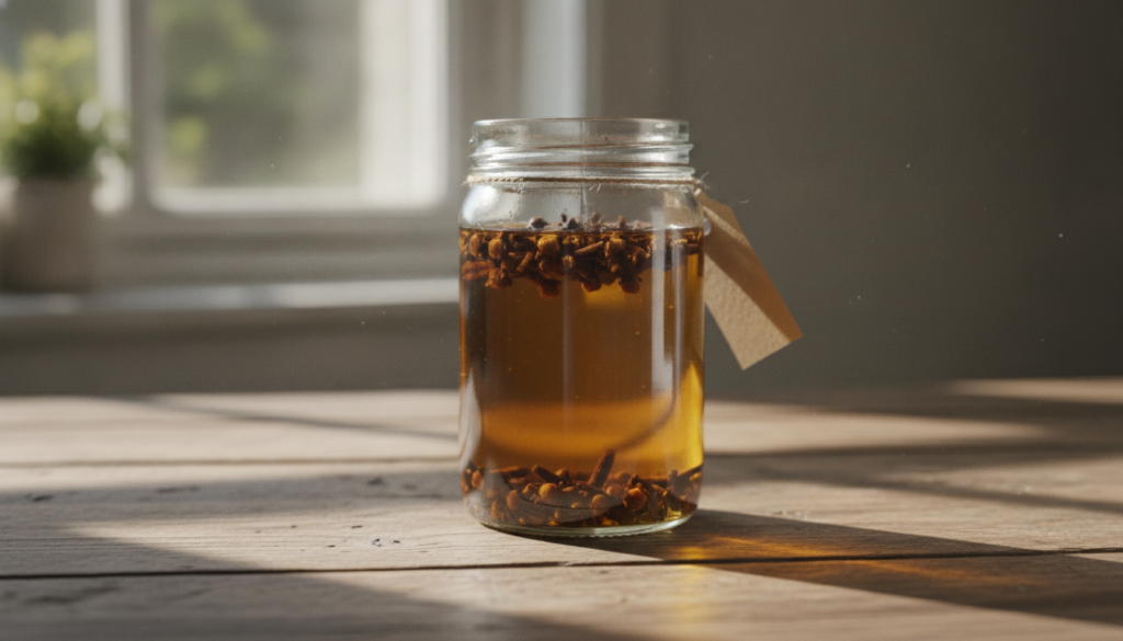 A close-up of a glass jar filled with whole cloves and carrier oil infusing under natural light