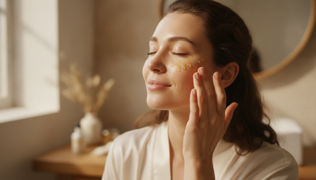 A woman gently massaging a few drops of golden-hued oil into her clean face focusing on areas like the forehead and arou