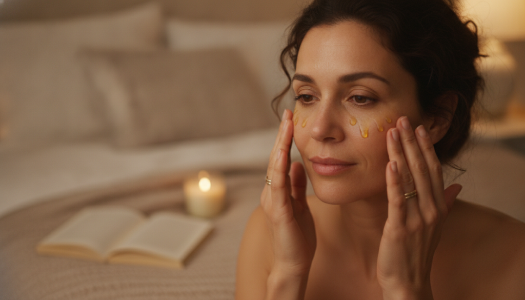 A woman gently massaging a few drops of DIY beauty oil onto her clean face before bedtime with a soft warm light emphasi