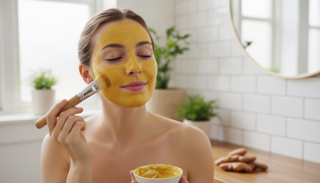 A woman gently applying a yellow turmeric face mask to her glowing clean face with a soft brush showcasing radiant and h
