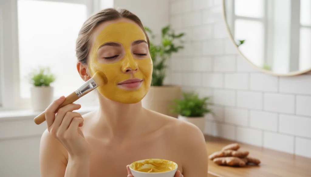 A woman gently applying a yellow turmeric face mask to her glowing clean face with a soft brush showcasing radiant and h