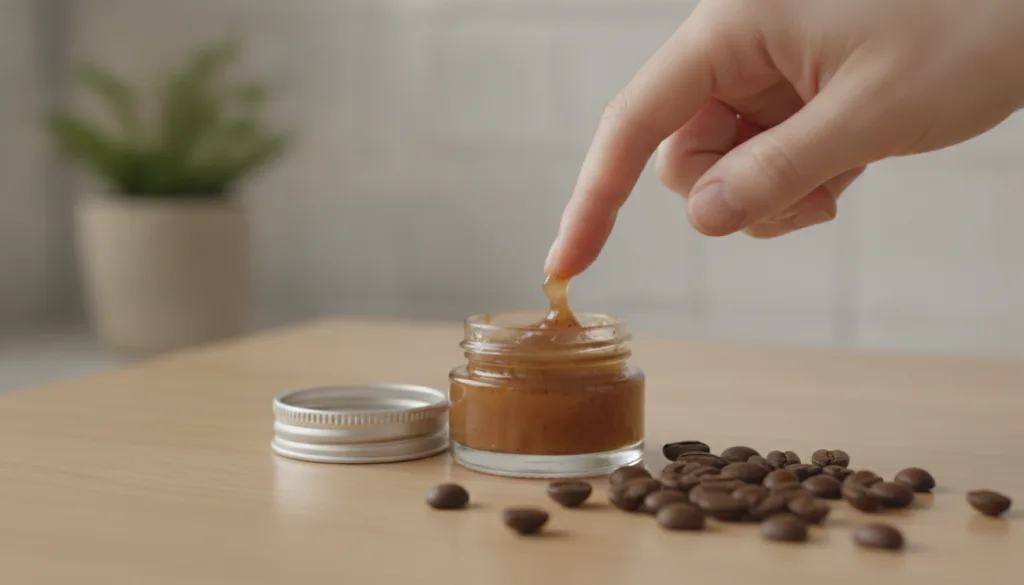 A small open jar of coffee-infused Vaseline eye balm next to a few coffee beans with a finger gently applying a small am