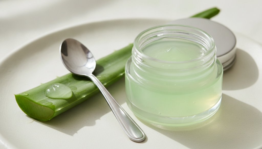 A small container of aloe-infused Vaseline facial jelly with an aloe vera leaf and a small spoon The texture of the jell