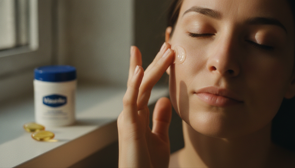 A person gently massaging their face with a small amount of Vitamin E-infused Vaseline balm showing a serene expression 
