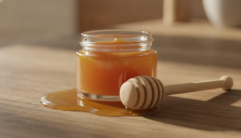 A small pot of honey-infused Vaseline lip balm with a drizzle of honey and a wooden dipper nearby emphasizing its natura