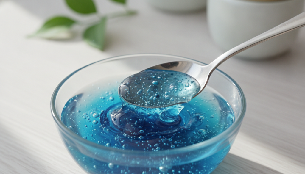 Close-up of a small glass bowl with vibrant blue butterfly pea flower powder being mixed with clear aloe vera gel using 