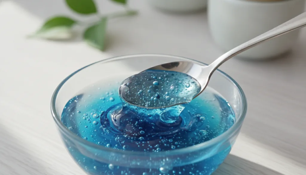 Close-up of a small glass bowl with vibrant blue butterfly pea flower powder being mixed with clear aloe vera gel using 