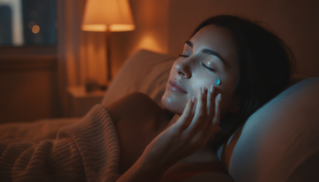 A woman s hand gently applying a small amount of blue gel to her cheek at night with a soft glowy effect on her skin