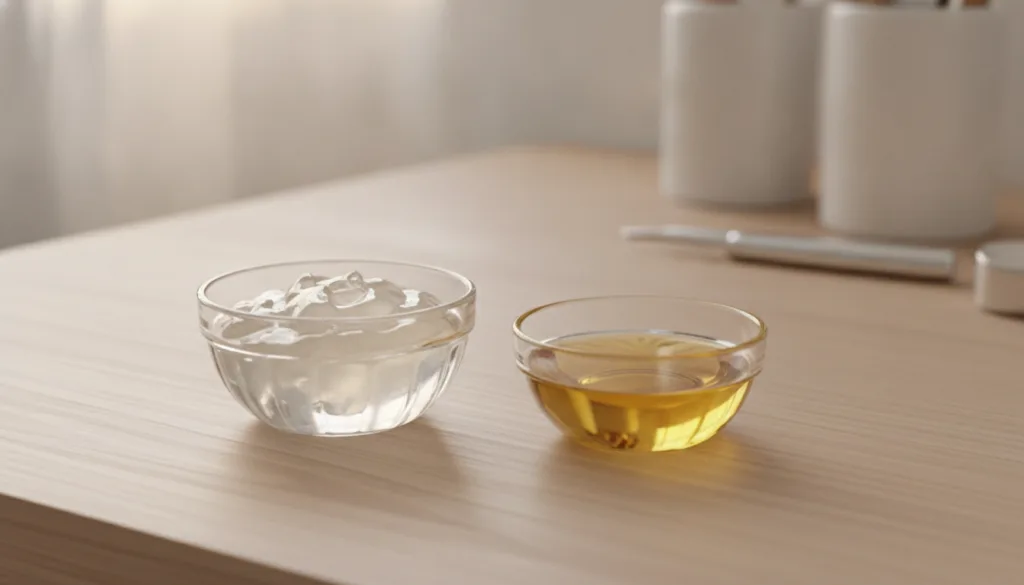 Small bowls with Vaseline and Johnson s Baby Oil ready to be mixed on a clean light surface