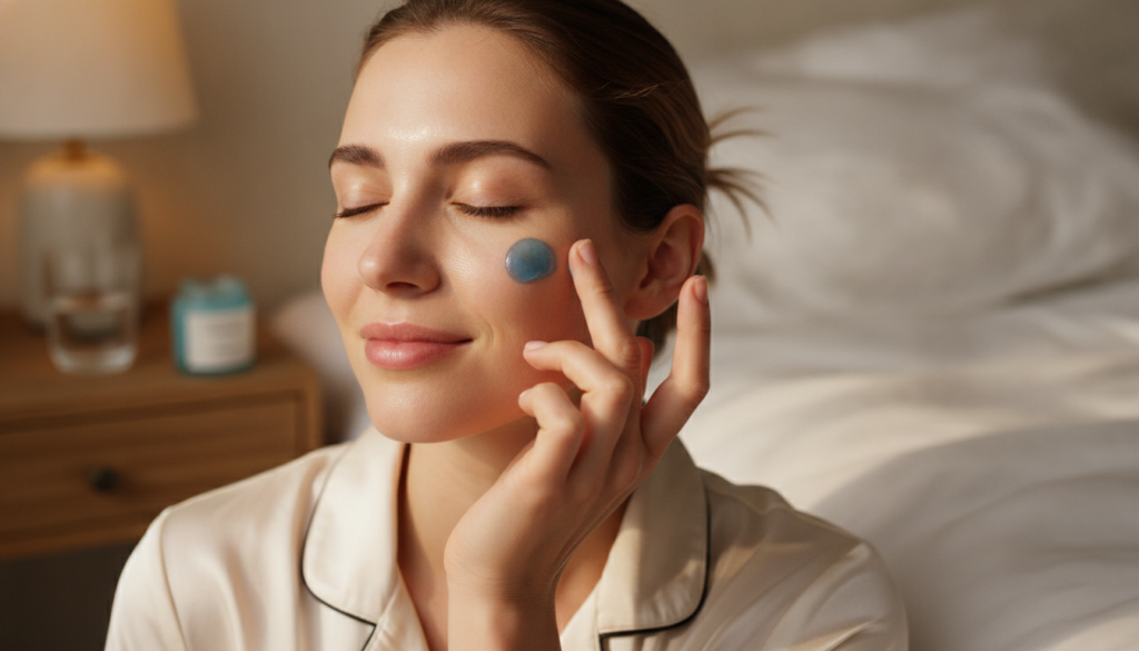 A woman gently applying a small amount of the blue gel mixture to her face before bed her skin appearing clean and relax