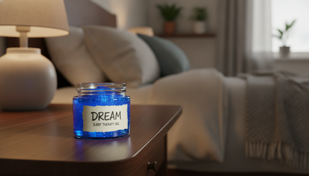 A close-up of a small glass jar filled with the blue gel labeled with a simple homemade tag placed on a bedside table ne