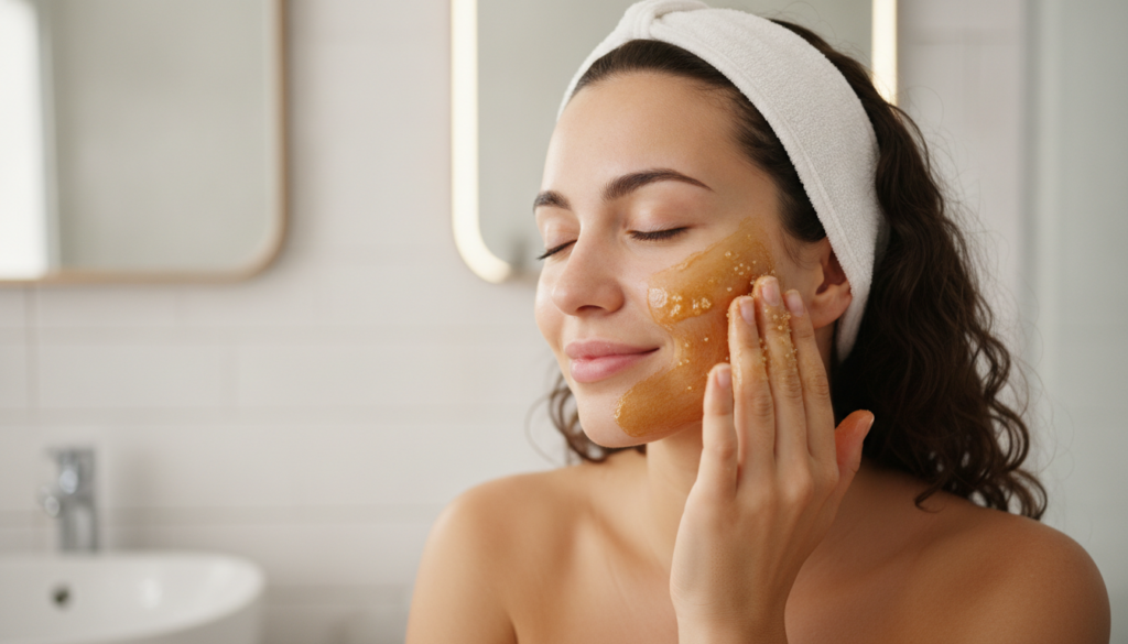 A woman gently massaging the brown sugar and honey mask onto her cheek with her fingertips her eyes closed in relaxation