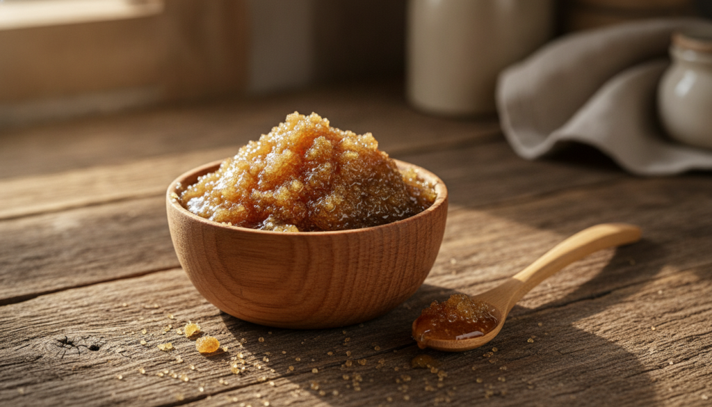 A small wooden bowl filled with the prepared brown sugar and honey mixture with a small bamboo spoon resting beside it o