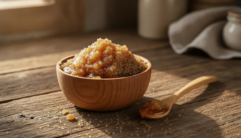 A small wooden bowl filled with the prepared brown sugar and honey mixture with a small bamboo spoon resting beside it o