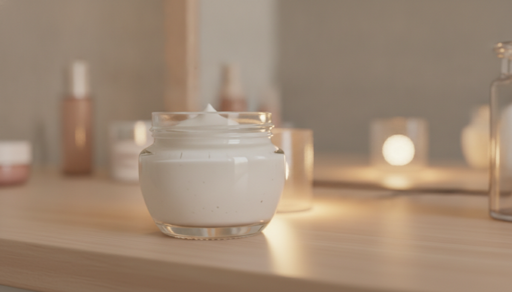 A small clear glass jar filled with the homemade collagen night gel looking smooth and creamy placed on a vanity with so