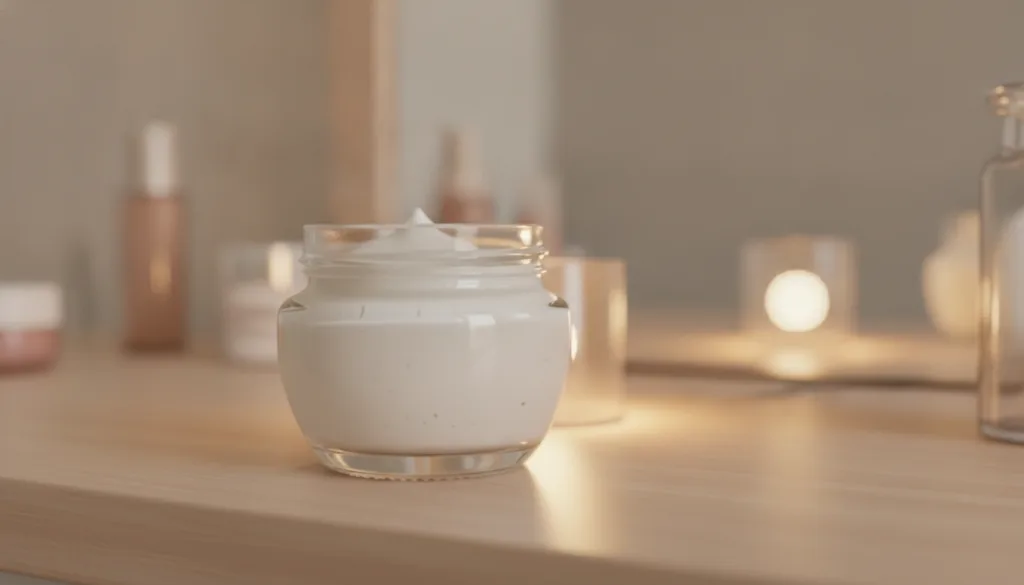 A small clear glass jar filled with the homemade collagen night gel looking smooth and creamy placed on a vanity with so