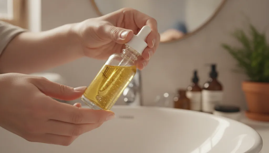 Hands gently mixing the contents of a small glass dropper bottle filled with homemade facial oil Soft blurred background