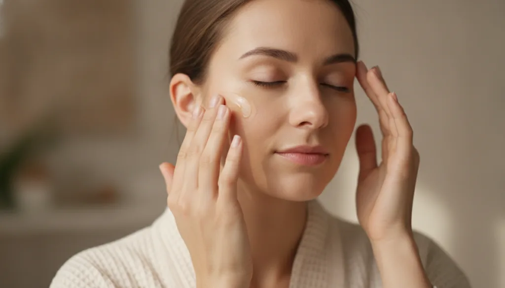 A woman gently massaging a few drops of oil onto her face focusing on her cheek and forehead with a serene expression He