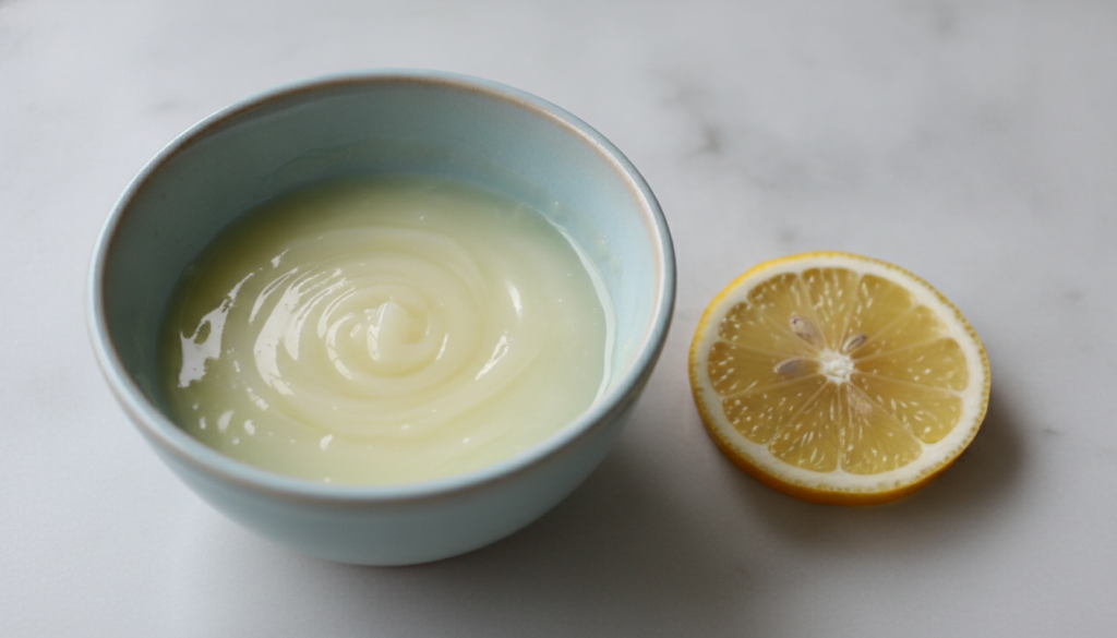A small bowl with a mixture of Vaseline and lemon juice with a fresh lemon slice nearby on a light clean background