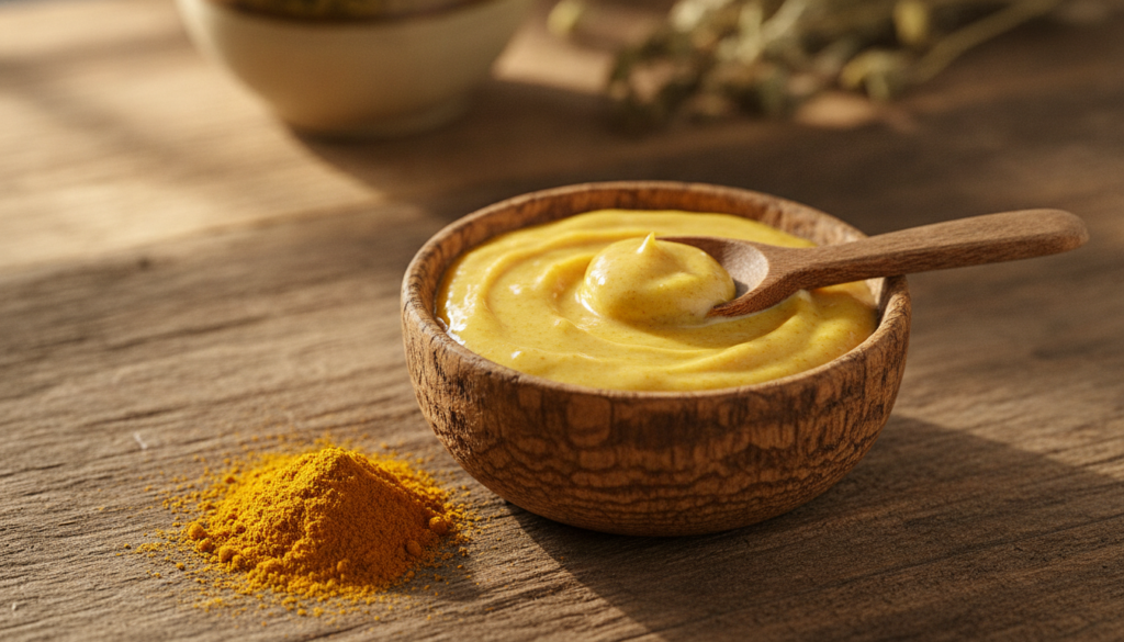 A small bowl with a mixture of Vaseline and turmeric powder with a spoon and a small pile of turmeric powder on the side
