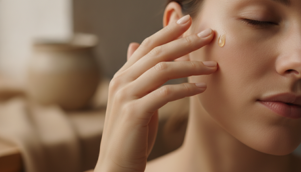A woman s hand gently massaging a small amount of golden oil onto her cheek demonstrating the application of the beauty