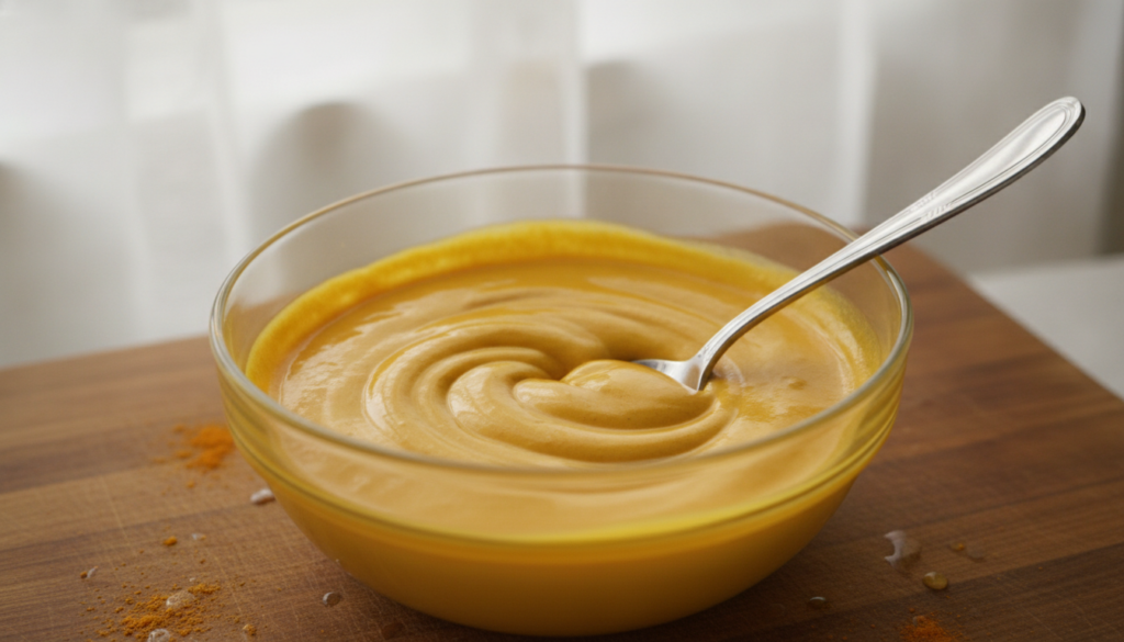 A close-up of a small glass bowl where turmeric powder and baby oil are being mixed together with a spoon creating a smo